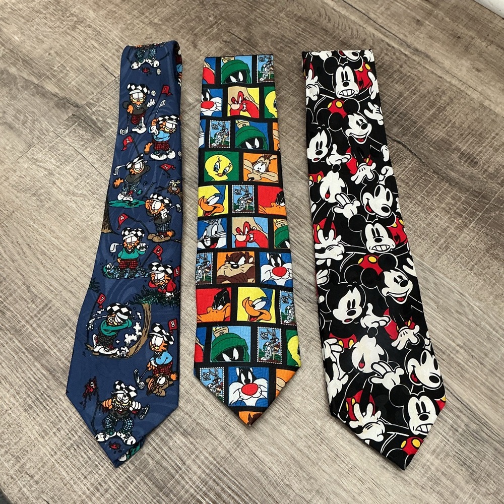 Cartoon Character Tie Lot Garfield Mickey And Looney Toons Stamp Ties